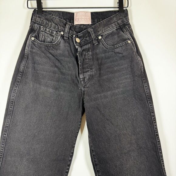 Revice Jeans 28 Black High Waist Straight Leg Denim Asymmetrical Button Fly USA - Picture 2 of 14